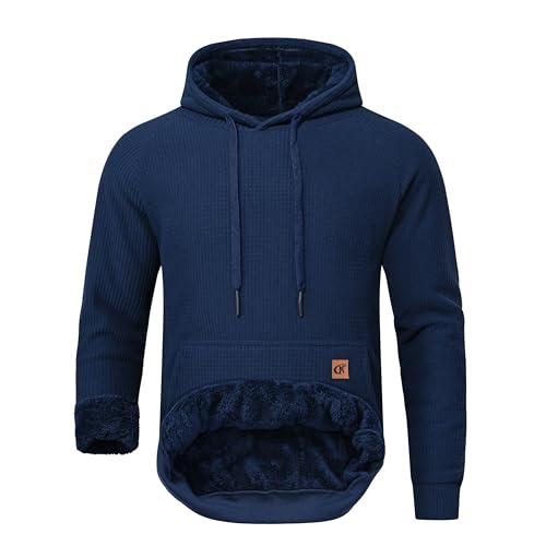 YuKaiChen Herren Fleece Hoodie Dicker Pullover Sherpa Gefüttert Waffel Außenstoff Winter Warmer Sweatshirt mit Känguru Tasche Marine Groß von YuKaiChen
