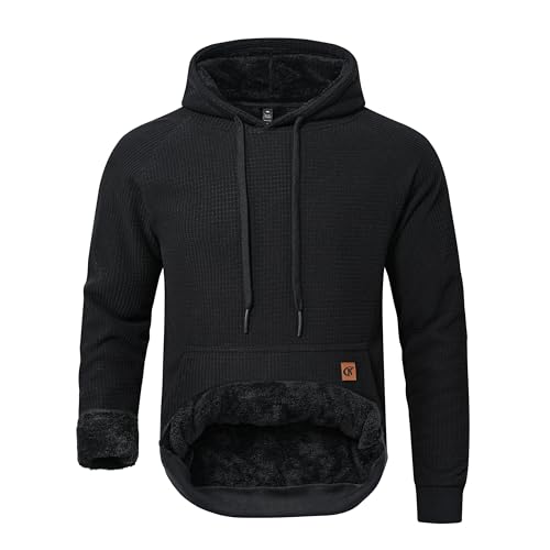YuKaiChen Herren Fleece Hoodie Dicker Pullover Sherpa Gefüttert Waffel Außenstoff Winter Warmer Sweatshirt mit Känguru Tasche Schwarz X-Large von YuKaiChen