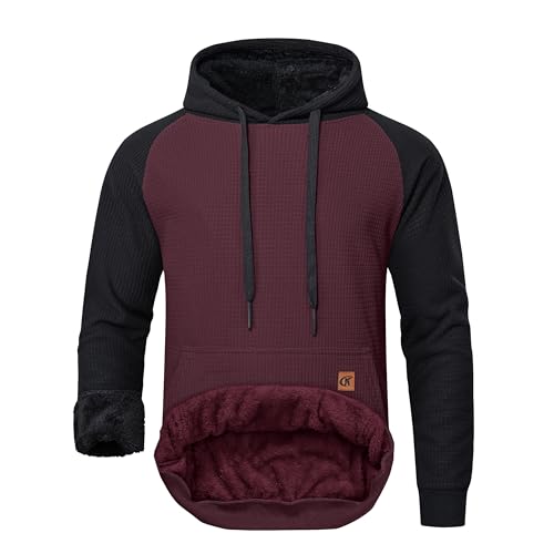 YuKaiChen Herren Fleece Hoodie Dicker Pullover Sherpa Gefüttert Waffel Außenstoff Winter Warmer Sweatshirt mit Känguru Tasche Weinrot-Schwarz Groß von YuKaiChen