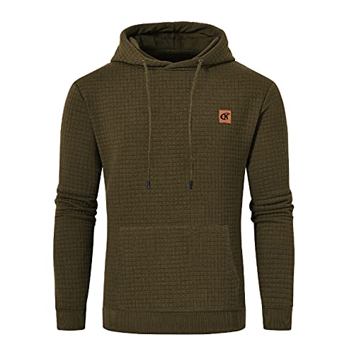 YuKaiChen Herren Kapuzenpullover Casual Langarm Karierten Kordelzug Jacquard Hooded Sweat mit Fleece Innenseite Armeegrün L von YuKaiChen