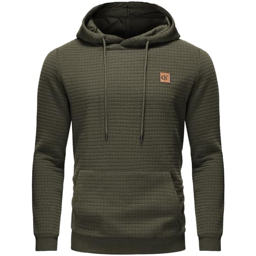 YuKaiChen Herren Kapuzenpullover Casual Langarm Karierten Kordelzug Jacquard Hooded Sweat mit Fleece Innenseite Armeegrün S von YuKaiChen