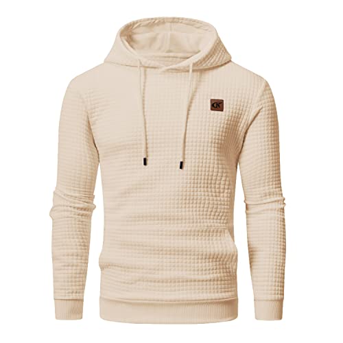 YuKaiChen Herren Kapuzenpullover Casual Langarm Karierten Kordelzug Jacquard Hooded Sweat mit Fleece Innenseite Helles Beige L von YuKaiChen