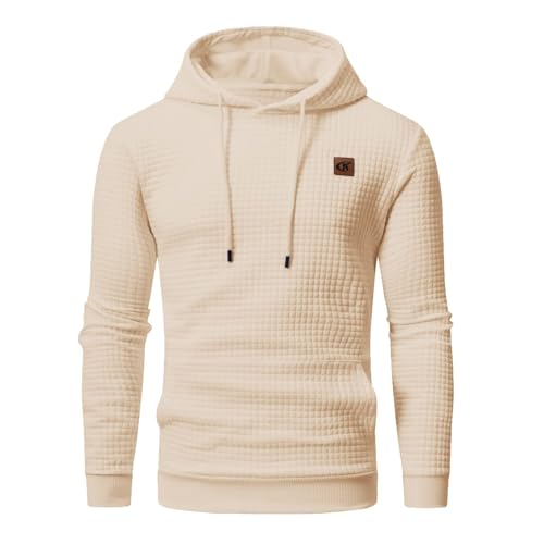 YuKaiChen Herren Kapuzenpullover Casual Langarm Karierten Kordelzug Jacquard Hooded Sweat mit Fleece Innenseite Helles Beige XL von YuKaiChen