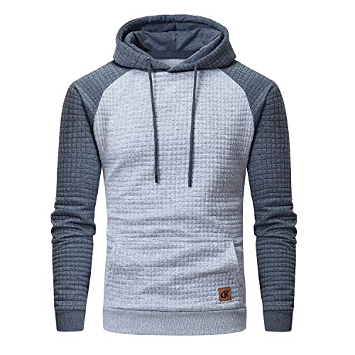 YuKaiChen Herren Kapuzenpullover Casual Langarm Karierten Kordelzug Jacquard Hooded Sweat mit Fleece Innenseite Hellgrau/Grau XXXL von YuKaiChen