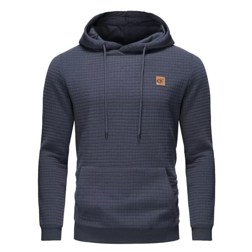 YuKaiChen Herren Kapuzenpullover Casual Langarm Karierten Kordelzug Jacquard Hooded Sweat mit Fleece Innenseite Indigo L von YuKaiChen