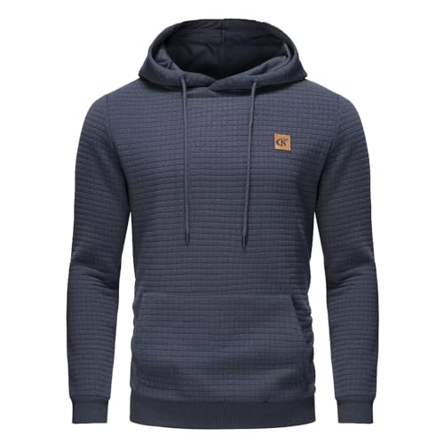YuKaiChen Herren Kapuzenpullover Casual Langarm Karierten Kordelzug Jacquard Hooded Sweat mit Fleece Innenseite Indigo S von YuKaiChen