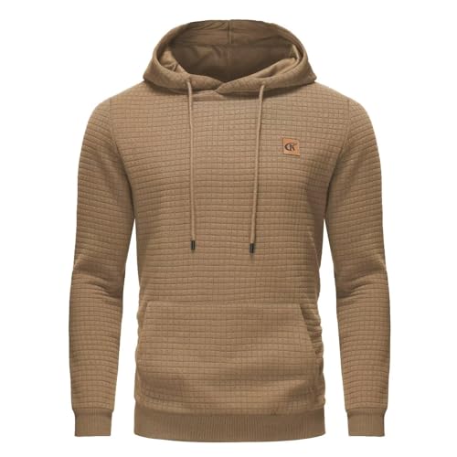 YuKaiChen Herren Kapuzenpullover Casual Langarm Karierten Kordelzug Jacquard Hooded Sweat mit Fleece Innenseite Khaki L von YuKaiChen