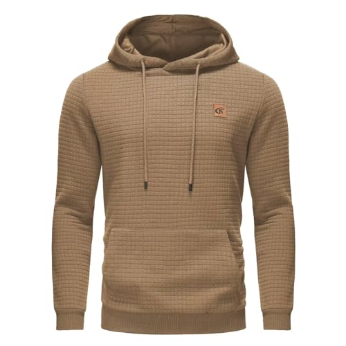 YuKaiChen Herren Kapuzenpullover Casual Langarm Karierten Kordelzug Jacquard Hooded Sweat mit Fleece Innenseite Khaki XL von YuKaiChen
