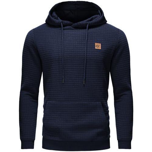 YuKaiChen Herren Kapuzenpullover Casual Langarm Karierten Kordelzug Jacquard Hooded Sweat mit Fleece Innenseite Marine 6XL von YuKaiChen