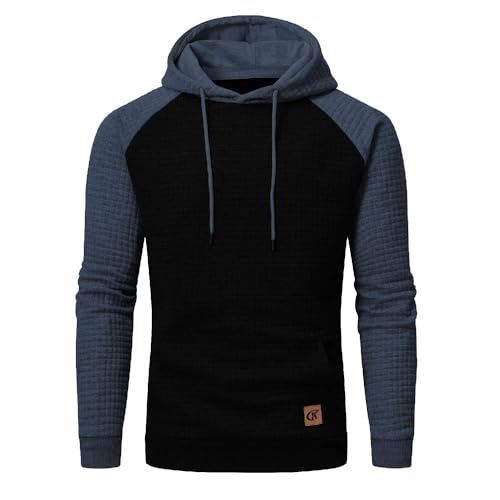 YuKaiChen Herren Kapuzenpullover Casual Langarm Karierten Kordelzug Jacquard Hooded Sweat mit Fleece Innenseite Schwarz/Indigo XXXL von YuKaiChen