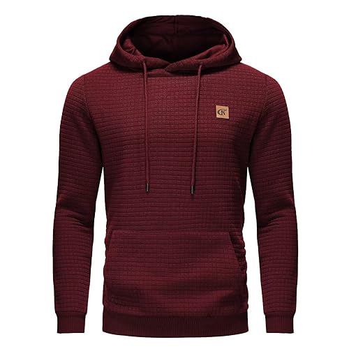 YuKaiChen Herren Kapuzenpullover Casual Langarm Karierten Kordelzug Jacquard Hooded Sweat mit Fleece Innenseite Weinrot L von YuKaiChen