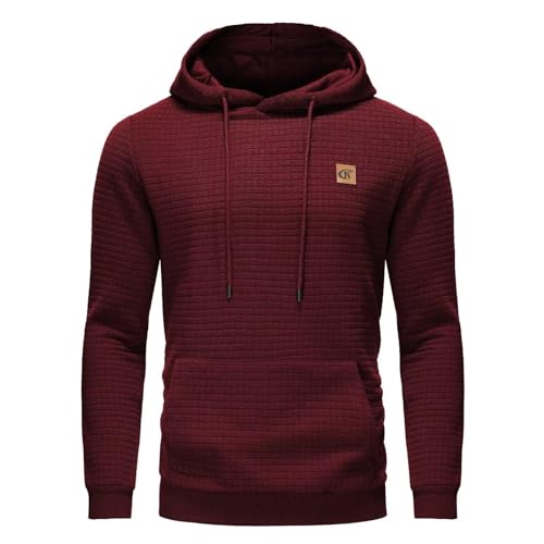 YuKaiChen Herren Kapuzenpullover Casual Langarm Karierten Kordelzug Jacquard Hooded Sweat mit Fleece Innenseite Weinrot L von YuKaiChen