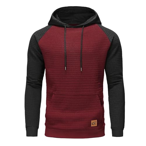 YuKaiChen Herren Kapuzenpullover Casual Langarm Karierten Kordelzug Jacquard Hooded Sweat mit Fleece Innenseite Weinrot-Schwarz XXXL von YuKaiChen