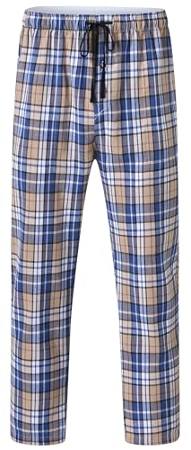 YuKaiChen Herren Lange-Schlafhose 100% Baumwolle Pyjamahose Kariertes Lounge-Hose mit Taschen und Knopfleiste Khaki Blau Größe 2XL von YuKaiChen