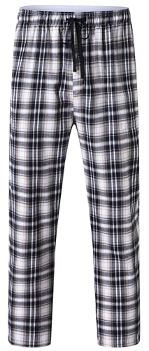 YuKaiChen Herren Lange-Schlafhose 100% Baumwolle Pyjamahose Kariertes Lounge-Hose mit Taschen und Knopfleiste Khaki Schwarz Weiß Größe L von YuKaiChen