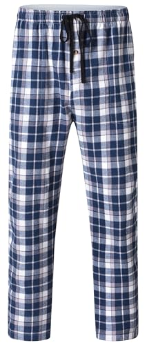 YuKaiChen Herren Lange-Schlafhose 100% Baumwolle Pyjamahose Kariertes Lounge-Hose mit Taschen und Knopfleiste Marineblau Weiß Größe S von YuKaiChen