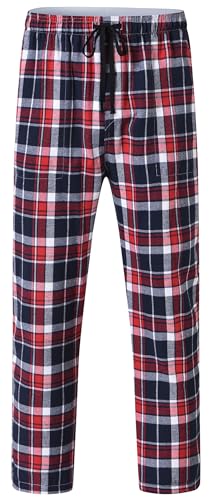 YuKaiChen Herren Lange-Schlafhose 100% Baumwolle Pyjamahose Kariertes Lounge-Hose mit Taschen und Knopfleiste Schwarz Weiß Rot Größe L von YuKaiChen