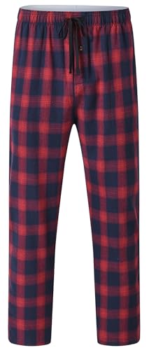 YuKaiChen Herren Lange-Schlafhose 100% Baumwolle Pyjamahose Kariertes Lounge-Hose mit Taschen und Knopfleiste Schwarz rot Größe XL von YuKaiChen