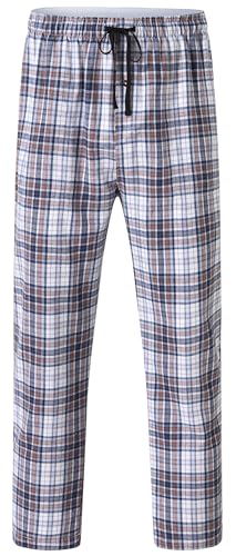 YuKaiChen Herren Lange-Schlafhose 100% Baumwolle Pyjamahose Kariertes Lounge-Hose mit Taschen und Knopfleiste Weiß Blau Khaki Größe 2XL von YuKaiChen