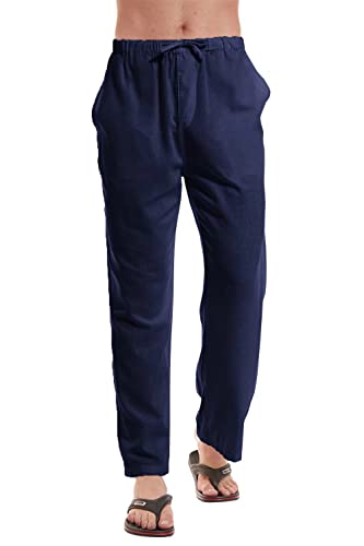 YuKaiChen Herren Leinen Baumwolle Yoga Hosen Casual Loose Sweatpants Strandhose Lounge Pants - Blau - Mittel von YuKaiChen