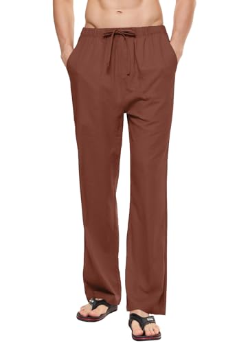 YuKaiChen Herren Leinenhose Herren Lang Sommerhose Weit Leicht Loose Fit Freizeithose Yoga Urlaub Strandhose mit Kordelzug Braun XXL von YuKaiChen