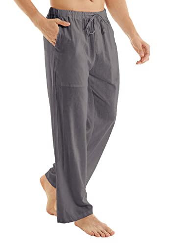 YuKaiChen Herren Leinenhose Yogahose Männer Lang Sommerhose Leicht Loose Fit Freizeithose Urlaub Strandhose mit Kordelzug Dunkelgrau XL von YuKaiChen