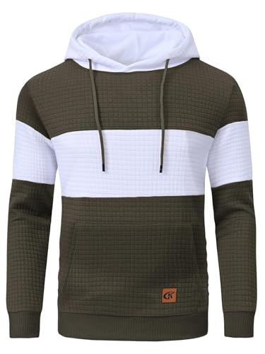 YuKaiChen Herren Pullover Herren Patchwork Hoodie Langarm Jacquard Kaputzenpullover Farbblock Sweatshirt mit Taschen Armeegrün Weiß Armeegrün Groß von YuKaiChen