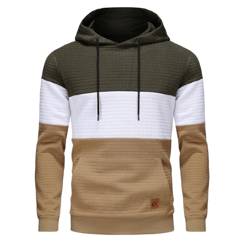 YuKaiChen Herren Pullover Herren Patchwork Hoodie Langarm Jacquard Kaputzenpullover Farbblock Sweatshirt mit Taschen Armeegrün Weiß Khaki Groß von YuKaiChen