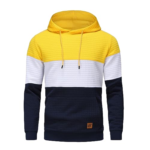 YuKaiChen Herren Pullover Herren Patchwork Hoodie Langarm Jacquard Kaputzenpullover Farbblock Sweatshirt mit Taschen Gelb Weiß Marine X-Large von YuKaiChen