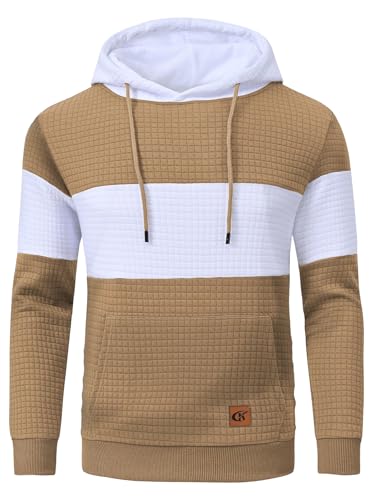 YuKaiChen Herren Pullover Herren Patchwork Hoodie Langarm Jacquard Kaputzenpullover Farbblock Sweatshirt mit Taschen Khaki Weiß Khaki Klein von YuKaiChen