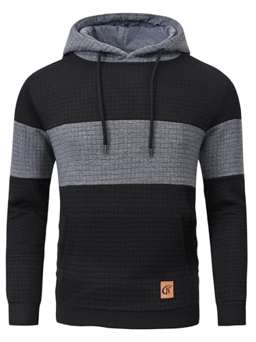 YuKaiChen Herren Pullover Herren Patchwork Hoodie Langarm Jacquard Kaputzenpullover Farbblock Sweatshirt mit Taschen Schwarz Dunkelgrau Schwarz XX-Large von YuKaiChen