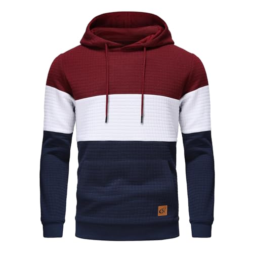 YuKaiChen Herren Pullover Herren Patchwork Hoodie Langarm Jacquard Kaputzenpullover Farbblock Sweatshirt mit Taschen Weinrot Weiß Marine XXX-Large von YuKaiChen