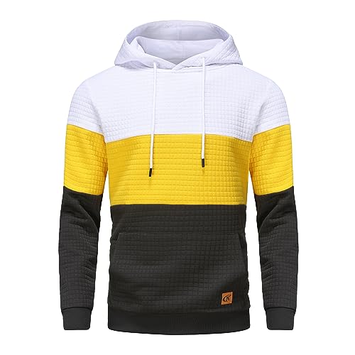 YuKaiChen Herren Pullover Herren Patchwork Hoodie Langarm Jacquard Kaputzenpullover Farbblock Sweatshirt mit Taschen Weiß Gelb Schwarz X-Large von YuKaiChen