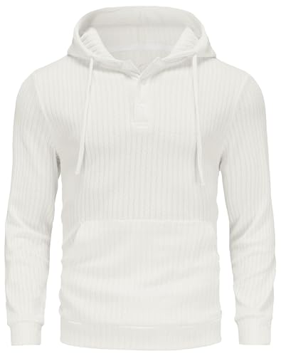YuKaiChen Herren Pullover Hoodie Langarm Kapuzenpullover Gestrickter Sweatshirt mit Henley Ausschnitt und Knöpfen Größe XXL Weiß von YuKaiChen