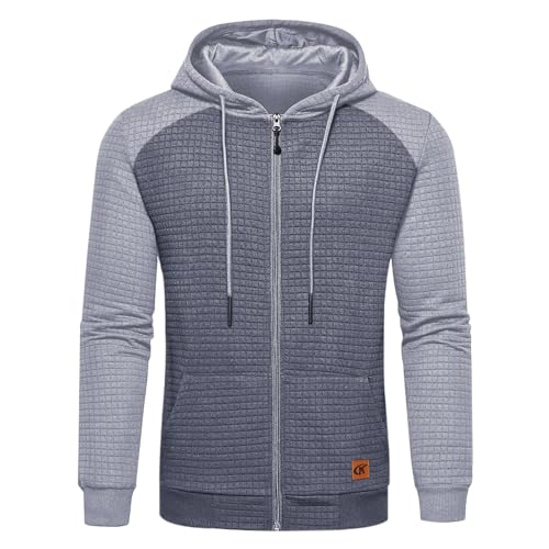 YuKaiChen Herren Sweatjacke Sweatshirt Patchwork Hoodie Herren Langarm Full-Zip Gym Running Kapuzenjacke mit Reißverschluss Dunkelgrau Farbblock Hellgrau 2XL von YuKaiChen