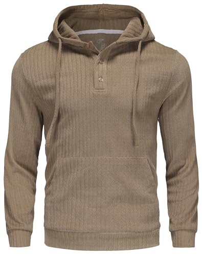 YuKaiChen Herren Pullover Hoodie Langarm Kapuzenpullover Gestrickter Sweatshirt mit Henley Ausschnitt und Knöpfen Größe L Braun Beige von YuKaiChen