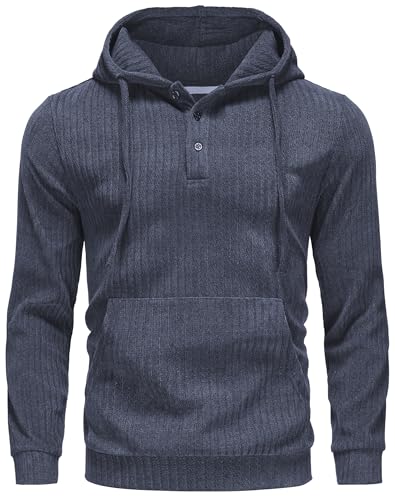 YuKaiChen Herren Pullover Hoodie Langarm Kapuzenpullover Gestrickter Sweatshirt mit Henley Ausschnitt und Knöpfen Größe L Dunkles Graublau von YuKaiChen