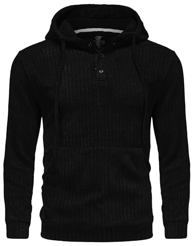 YuKaiChen Herren Pullover Hoodie Langarm Kapuzenpullover Gestrickter Sweatshirt mit Henley Ausschnitt und Knöpfen Größe XL Schwarz von YuKaiChen