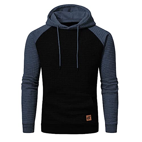 YuKaiChen Pullover Herren Arbeitspullover Waffel-Stoff Fleece Hooded Sweat Sweatshirt Schwarz-Indigo XX-Large von YuKaiChen