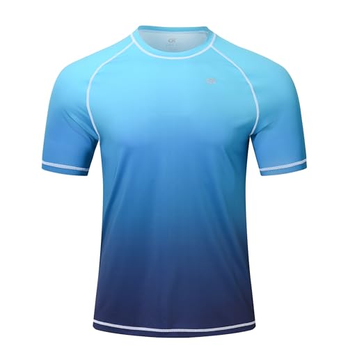 YuKaiChen Rashguard Herren Schwimmshirt Schnelltrocknend Atmungsaktiv Bade-T-Shirt mit kurzen Ärmeln Rashguards Wassersport für Männer Farbverlauf Blau 3XL von YuKaiChen