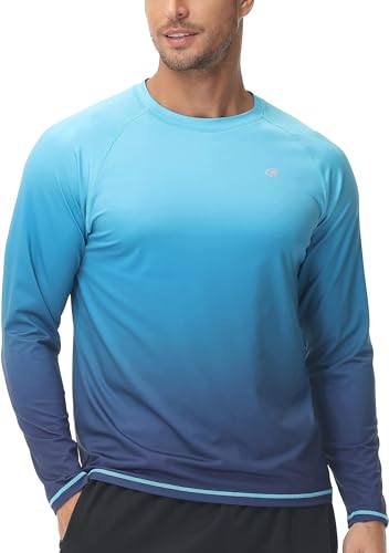 YuKaiChen Rashguard Herren UV Shirt Schwimm Shirts Langarmshirt Schnell Trocknendes Atmungsaktiv Badeshirt für Wassersport Farbverlauf Blau Größe L von YuKaiChen