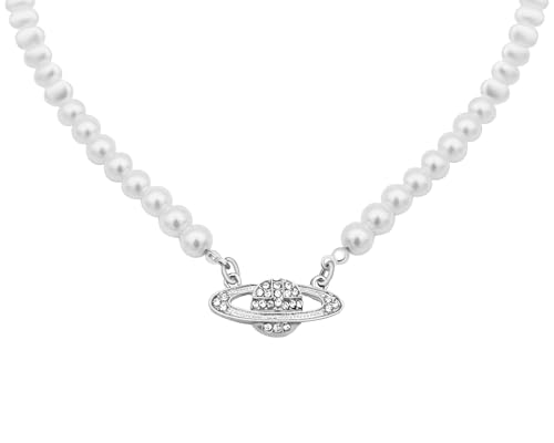 YuSaug Saturn Perlenkette für Damen, Silber Perlenkette Kristall Strass Halskette, Pearl Planet Necklace Pearl Orb Choker für Frau Freundin Mutter - Silber von YuSaug