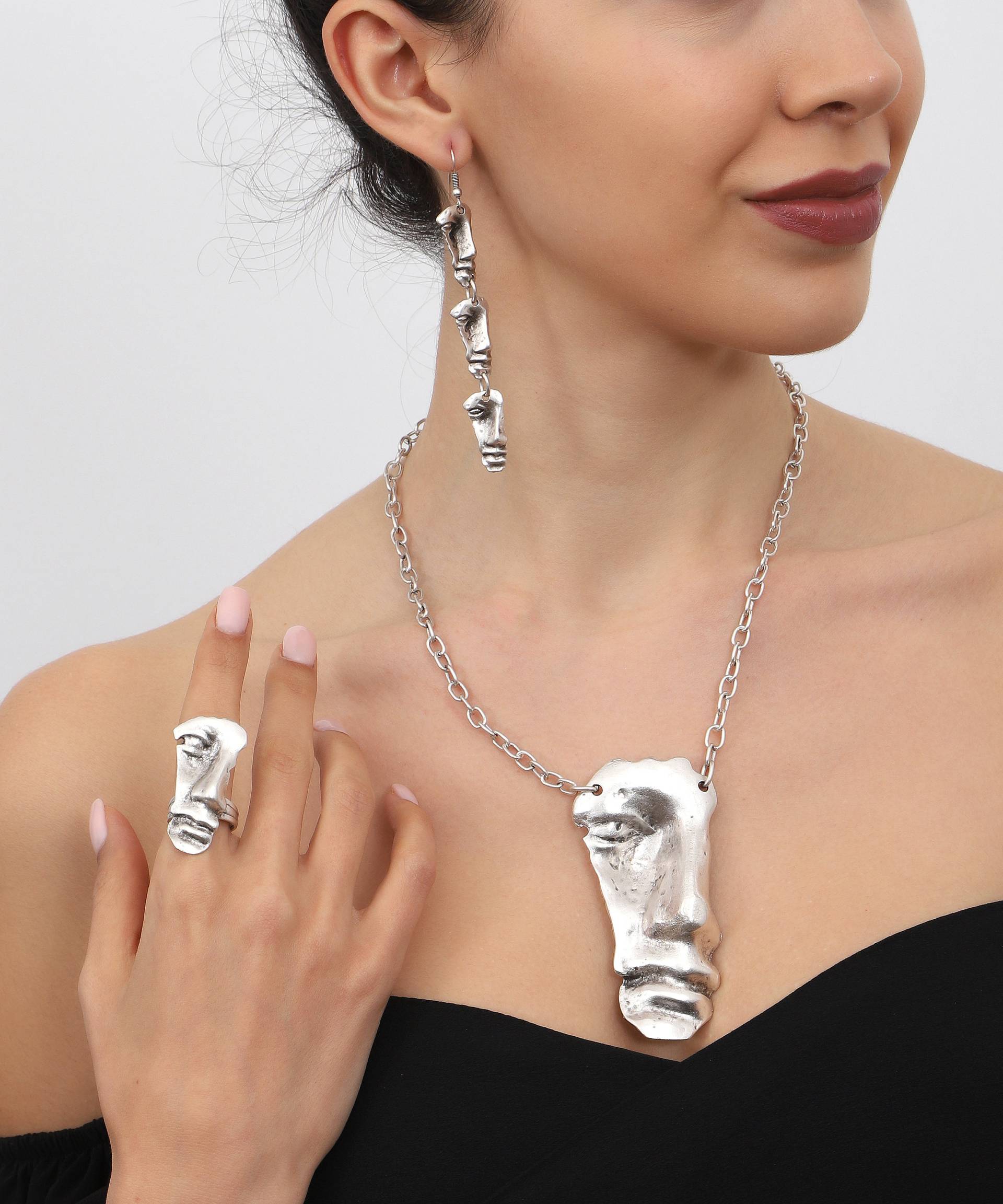 Handgemachte Versilberte Halskette Ohrring Ring Schmuck-Set, Gesicht Halskette, Boho Style Geschenk Für Sie, Muttertagsgeschenk, Maske Handgemachte Versilberte Halskette Ohrring Ring Schmuck-Set, Gesicht Halskette, Boho Style Geschenk Für Sie, Muttertagsgeschenk, Maske von YuShiCollection
