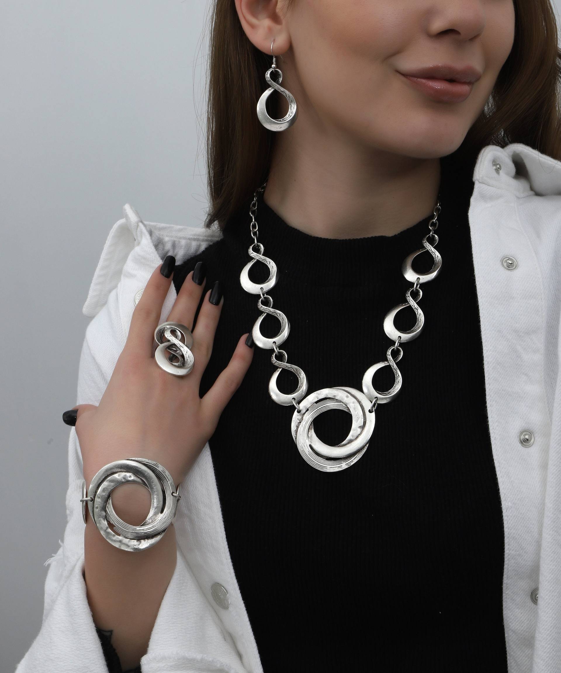 Silber Überzogene Unendlichkeit Halskette Ohrring Ring Armband Schmuck-Set, Boho-stil von YuShiCollection