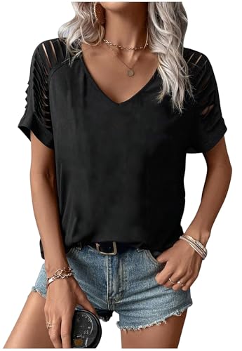 Rock Band T-Shirt für Damen, V-Ausschnitt, Country-Musik, kurzärmelig, Retro, Nashville-Gitarre, Grafik, ausgehöhltes T-Shirt, Pure Black, X-Groß von Yuaelria