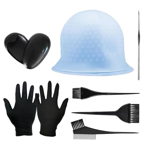 Yuaiosn 9 Stück Silikon Highlight Kappe, Strähnchenhaube, Wiederverwendbare Haarfärbekappe, Mit Häkelnadel aus Metall, Mit wiederverwendbarer Haarfärbebürste, für Frauen Und Mädchen von Yuaiosn