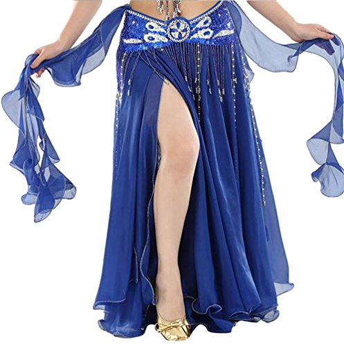 YuanDian Damen Chiffon Einfarbig Professionelle Tänzerin Bauchtanz Spliss Öffnungs Swing Long Rock Tanzkostüm Bauch Dance Kleid Blau Saphir (Nicht inbegriffen ist Gürtel) von YuanDian