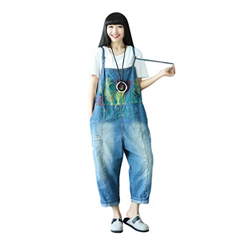 YuanDian Damen Denim Latzhose Weites Bein Drucken Große Größen Overalls Latzjeans Strampler Jeans Boyfriend Loose Fit Mutterschaft übergroße Jumpsuits Hose 22# Blau von YuanDiann