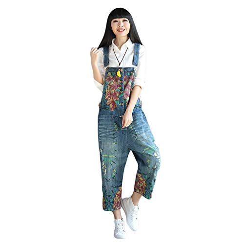 YuanDian Damen Denim Latzhose Weites Bein Drucken Große Größen Overalls Latzjeans Strampler Jeans Boyfriend Loose Fit Mutterschaft übergroße Jumpsuits Hose 3# Dunkelblau von YuanDiann