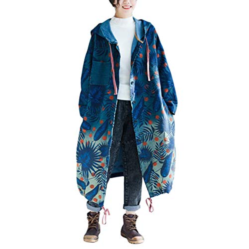 YuanDian Damen Herbst Winter Lange Mantel Strickjacke Trench Oversize Baggy Literatur Kunst Stil Vintage Drucken Cardigan Trenchcoat Langer übergangsjacke 6# Dunkelblau von YuanDiann